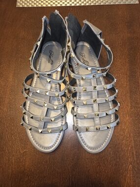 Studded Gray Gladiator Sandals with Silver Accents